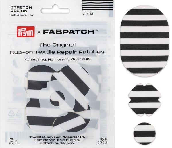 PRYM APPLIKATION RUB-ON PATCH STRETCH, KARTE A 3 STK, IN DREI VERSCHIEDENEN FORMEN, SELBSTKLEBEND, SCHWARZ / WEISS STREIFEN (KEIN LAGERARTIKEL) 
