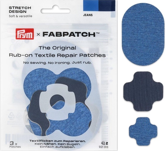 PRYM APPLIKATION RUB-ON PATCH STRETCH, KARTE A 3 STK, IN DREI VERSCHIEDENEN FORMEN, SELBSTKLEBEND, JEANS DESIGN (KEIN LAGERARTIKEL) 
