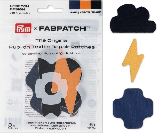 PRYM APPLIKATION RUB-ON PATCH STRETCH, KARTE A 3 STK, IN DREI VERSCHIEDENEN FORMEN, SELBSTKLEBEND, BLITZ / WOLKE (KEIN LAGERARTIKEL) 