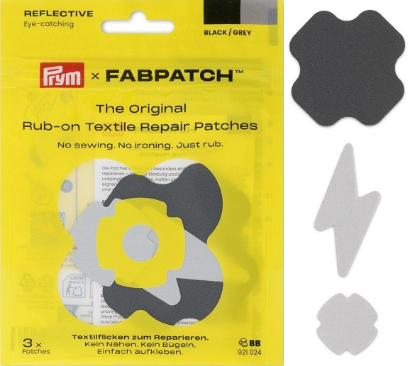 PRYM APPLIKATION RUB-ON PATCH REFLEKT, KARTE A 3 STK, IN DREI VERSCHIEDENEN FORMEN, SELBSTKLEBEND, SCHWARZ / GRAU (KEIN LAGERARTIKEL) 