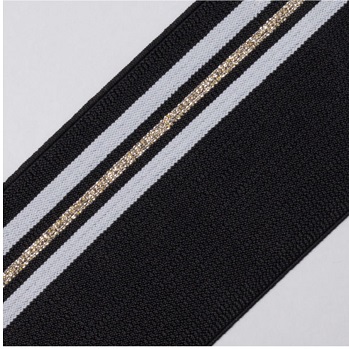 (1) ELAST GURTBAND MIT STREIFEN 60% PES 30% EL 10% LUREX 80MM SCHWARZ / WEISS / SILBER-GOLD-LUREX, OEKOTEX Certified made in EU (kein Lagerartikel) ELAST GURTBAND MIT STREIFEN 60% PES 30% EL 10% LUREX 80MM SCHWARZ / WEISS / SILBER-GOLD-LUREX, OEKOTEX Certified made in EU (kein Lagerartikel)